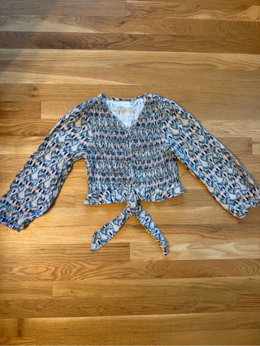 Zara Blue Beige Multi Smocked Tie-Front Blouse